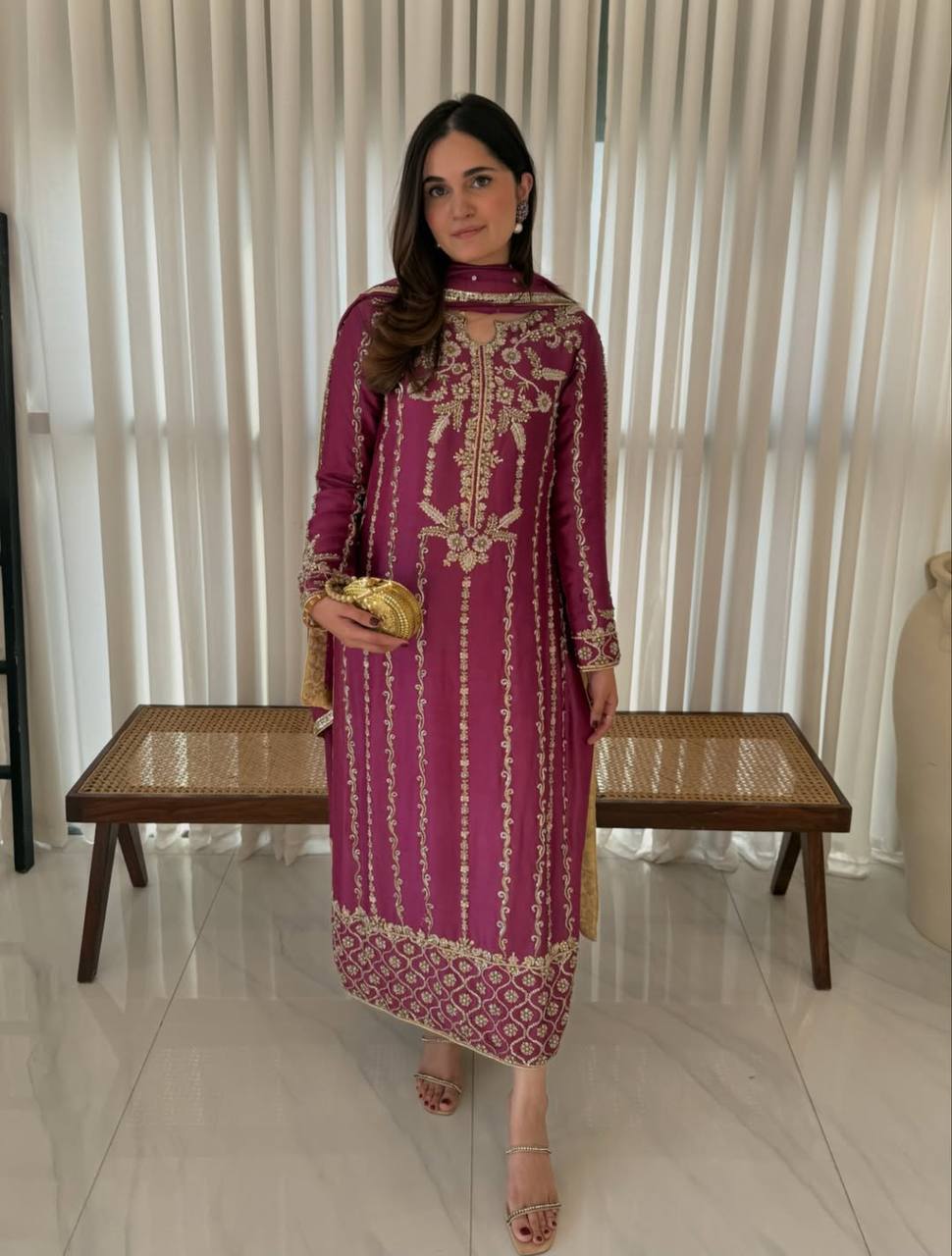 Designer Heavy Natural Crepe Silk Multi Needle Sequin Embroidered Long Suit Top Pant & Dupatta Set