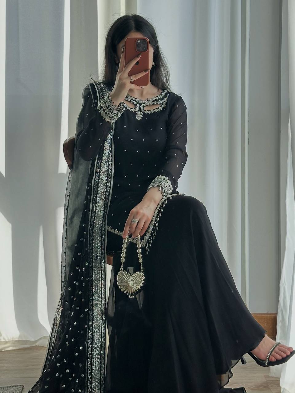 Designer Top, Palazzo & Dupatta in Heavy Faux Georgette with Embroidery Sequence Work | SRK-5353