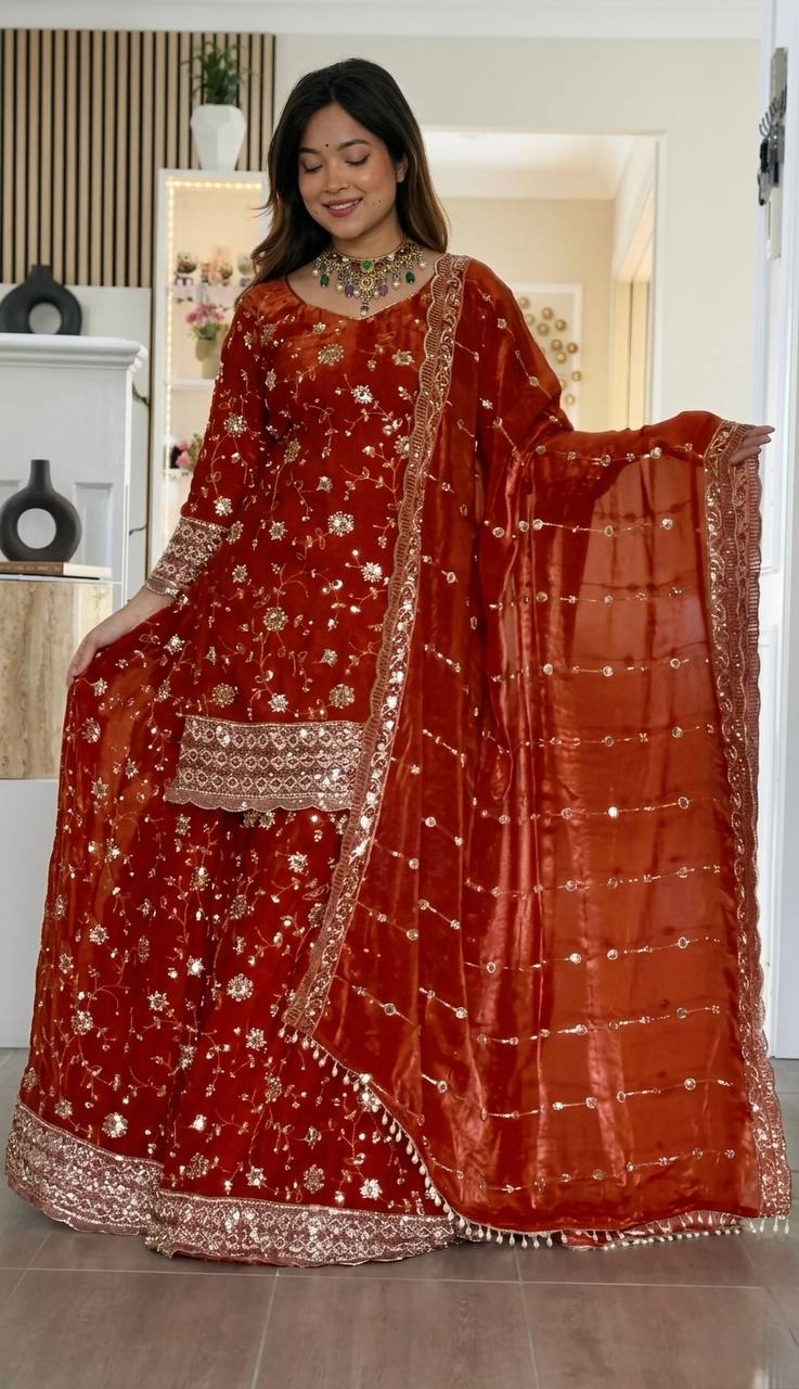 Designer Frendy Silk Thread & Sequin Zari Work Top Palazzo & Dupatta Set