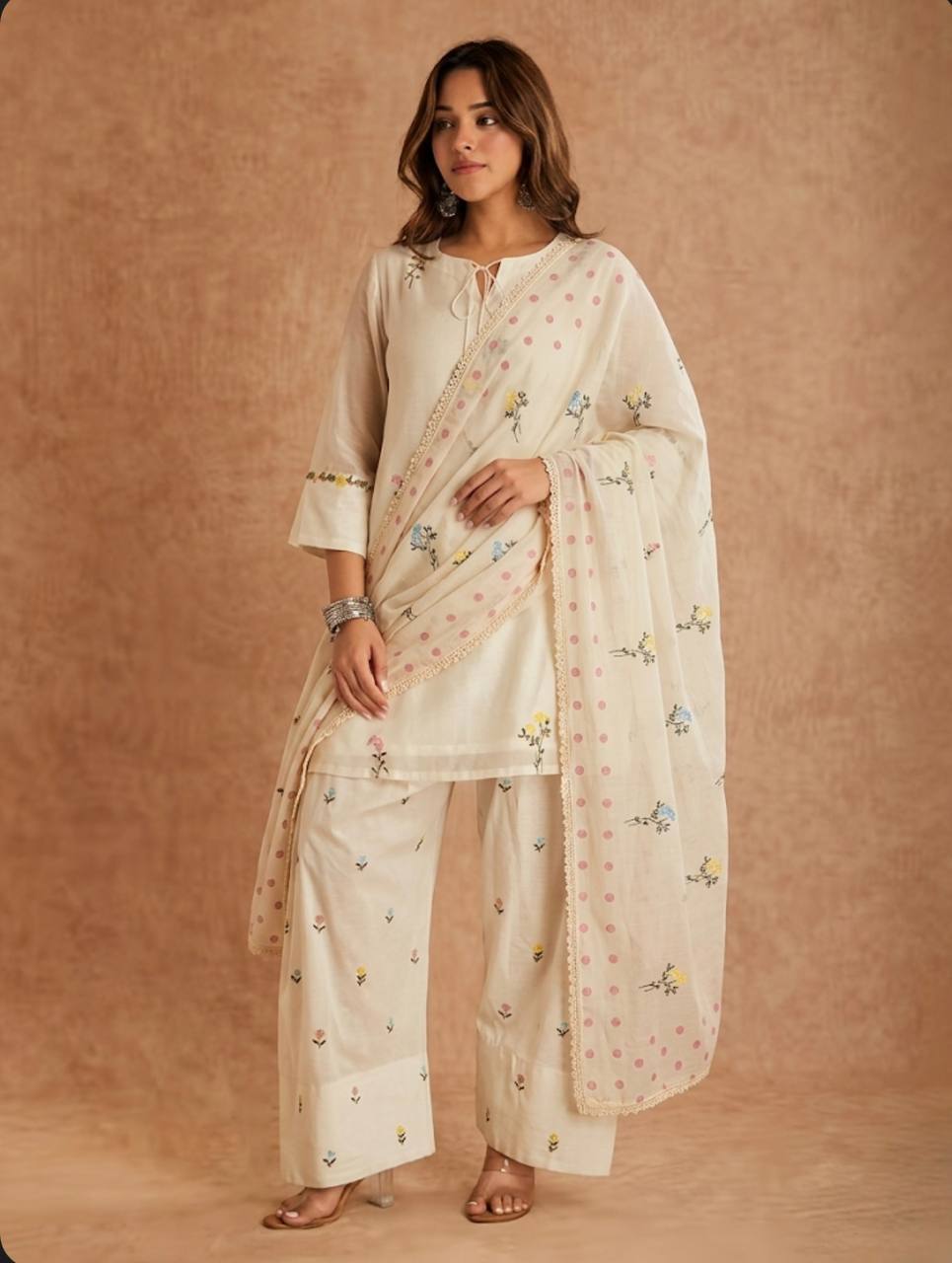 Designer Cotton Silk Multi Needle Embroidered Top Farshi Salwar & Organza Dupatta Set