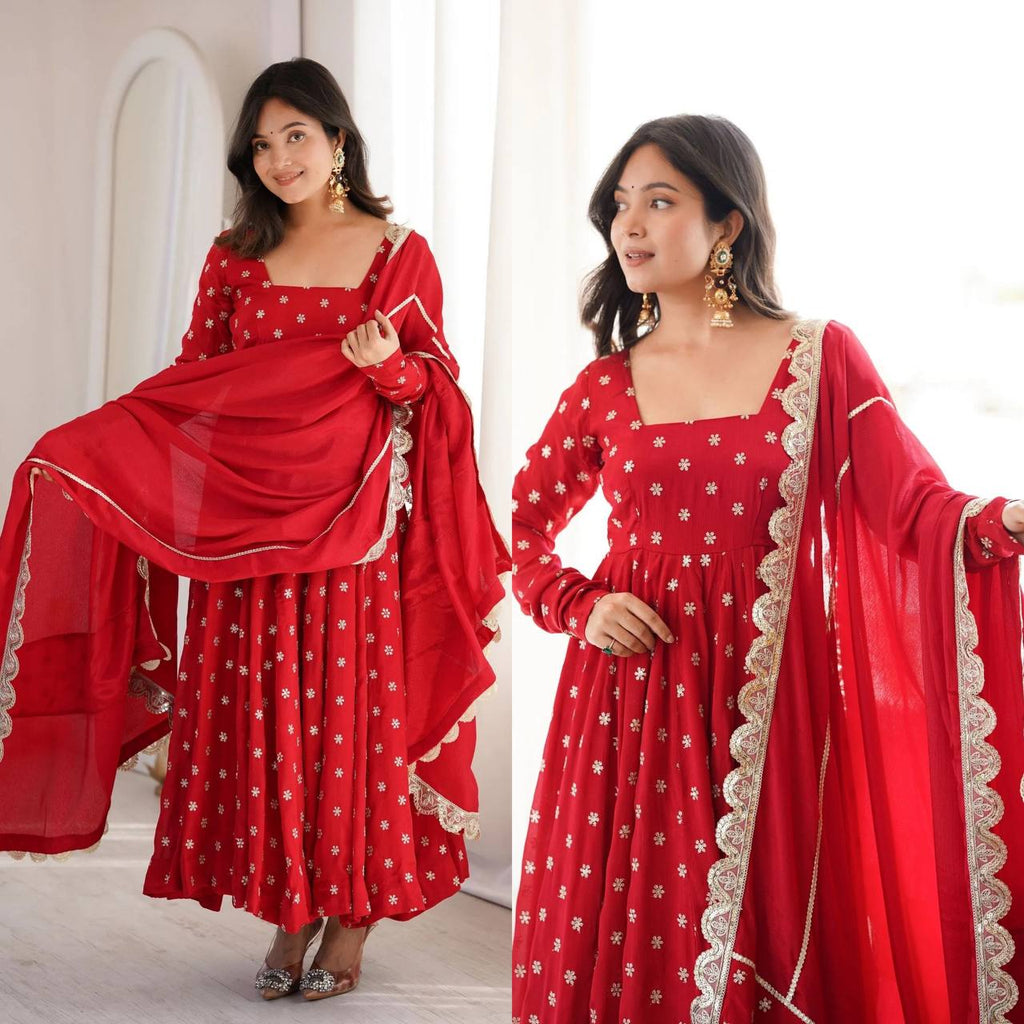 Designer Chinon Silk Anarkali Gown with Pant and Dupatta