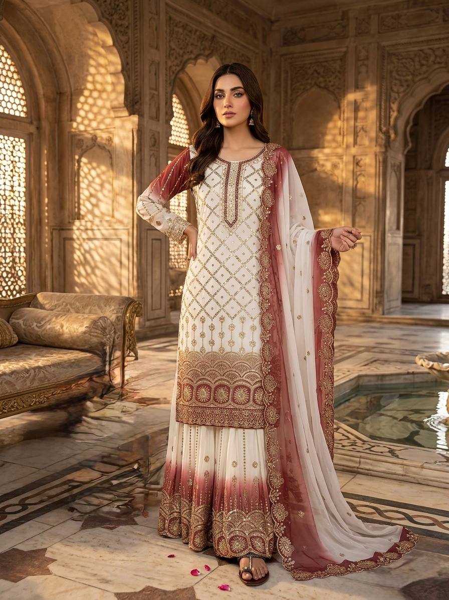 Dual Tone Star Georgette Sequin Embroidered Palazzo Suit — Festive Wear