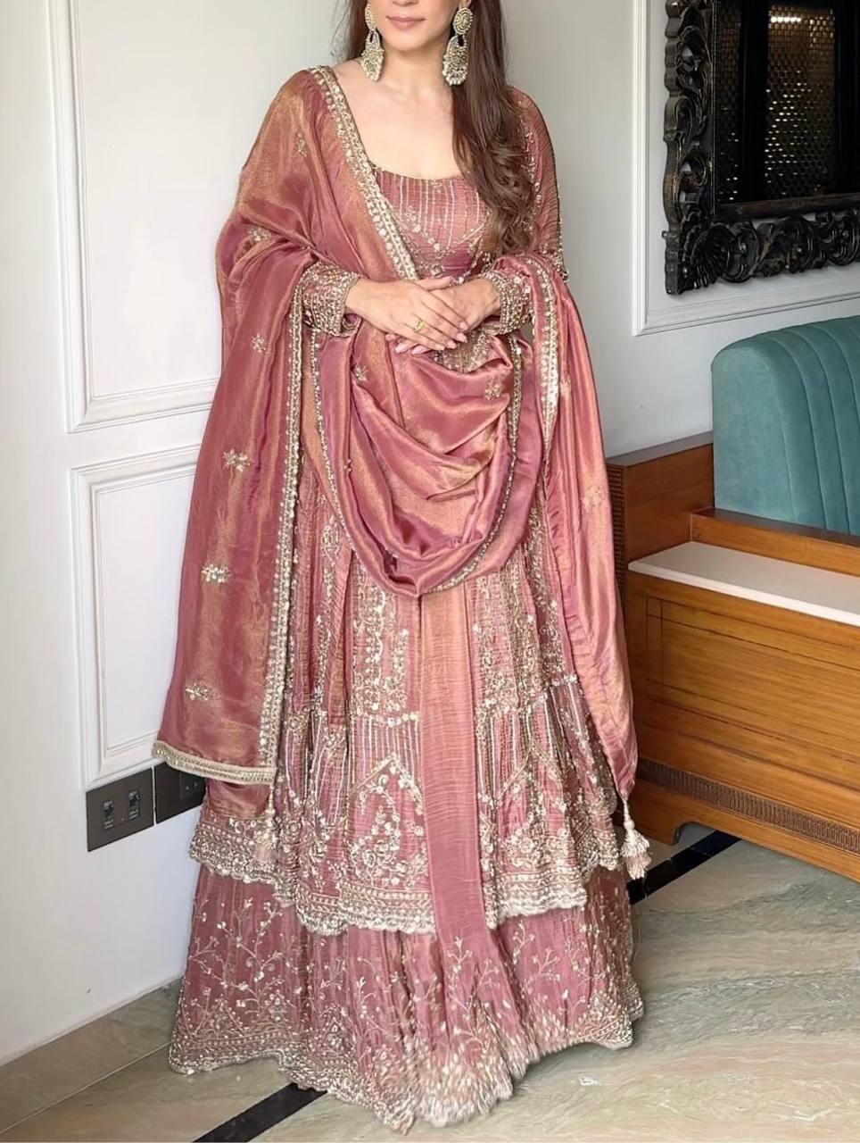 Peach Crunchy Silk Lace Embroidered Gown — Wedding & Party Wear
