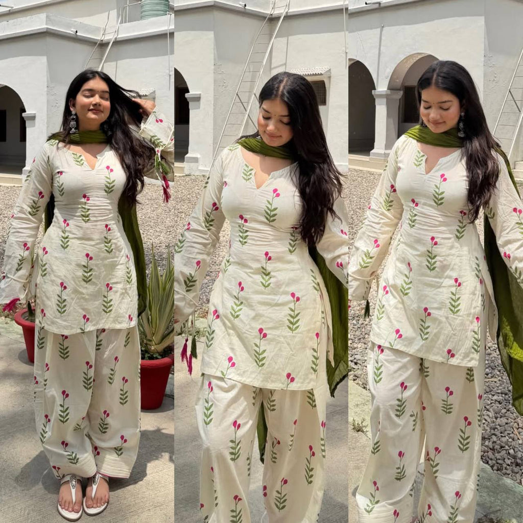 Designer Party Wear Cameric Cotton Fancy Sleeve Top with Farshi Pant and Dupatta