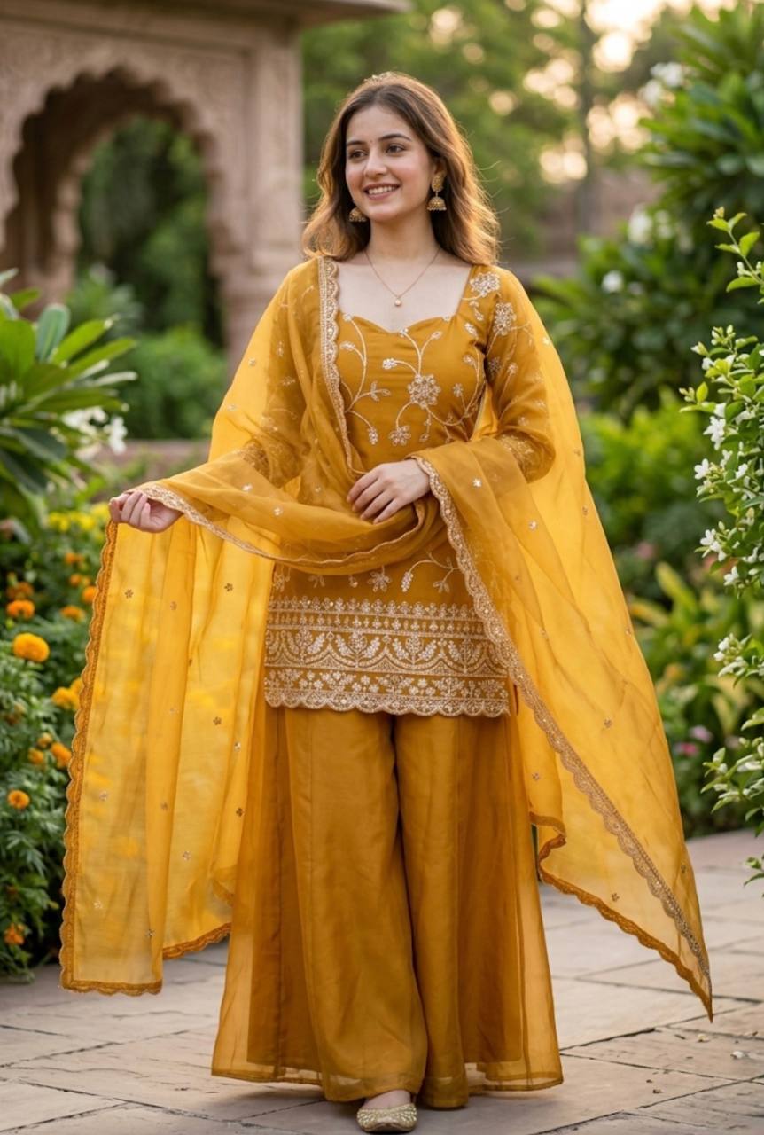 Designer Frendy Silk 5mm Sequin Thread & Zari Embroidered Kali Cut Top Palazzo & Dupatta Set