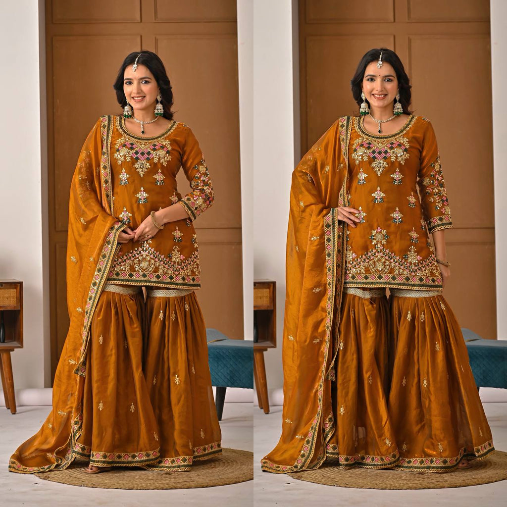 Designer Party Wear Top, Sharara Palazzo & Dupatta in Heavy Fandy Silk with Sequence Embroidery