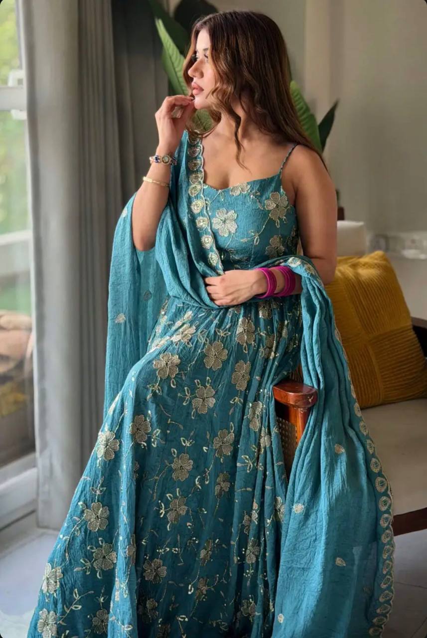 Designer Heavy Crushi Silk Sleeveless Bead Hand Work Anarkali Suit with Pant & Dupatta