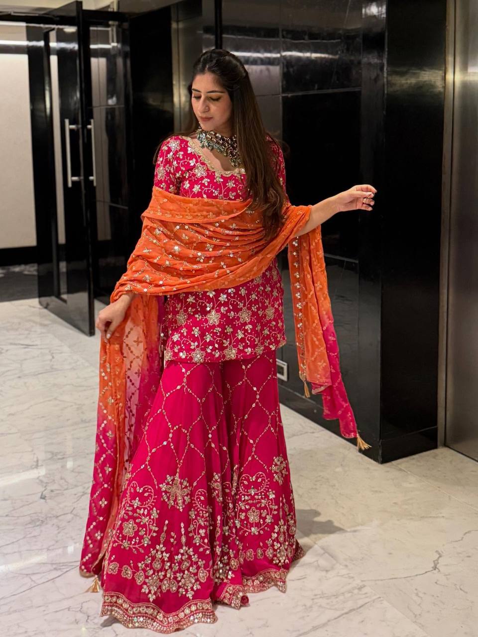 Georgette Sequin Embroidered Sharara Suit — Indian & Pakistani Party Wear