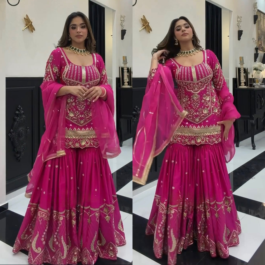 Designer Heavy Sindoor Silk 3mm Sequin Embroidered Top Sharara Palazzo & Dupatta Set