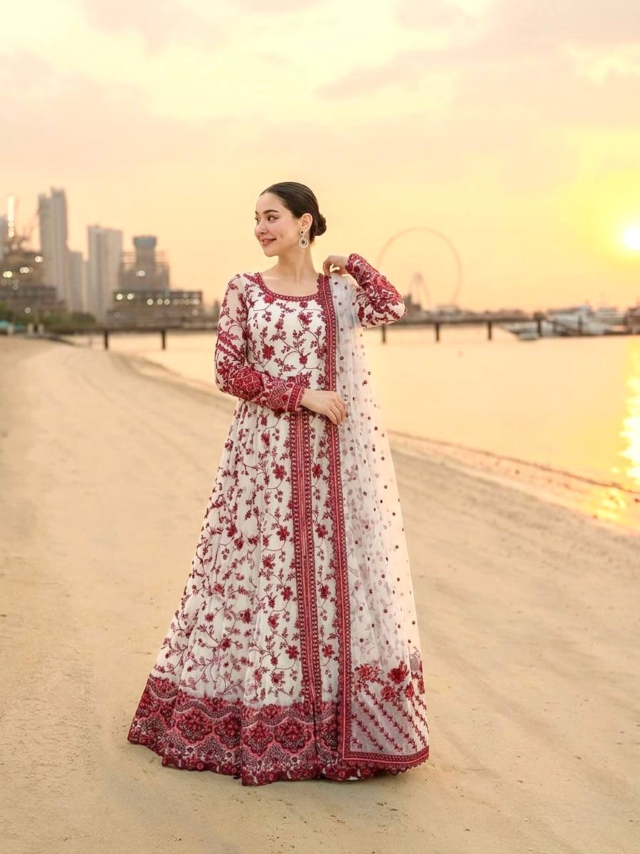 Maroon & White Georgette Organza Embroidered Gown with Dupatta