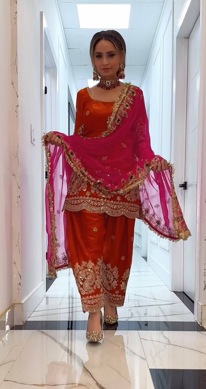 Designer Fancy Crushi Silk Thread & Sequin Embroidered Top Farshi Salwar & Faux Georgette Dupatta Set