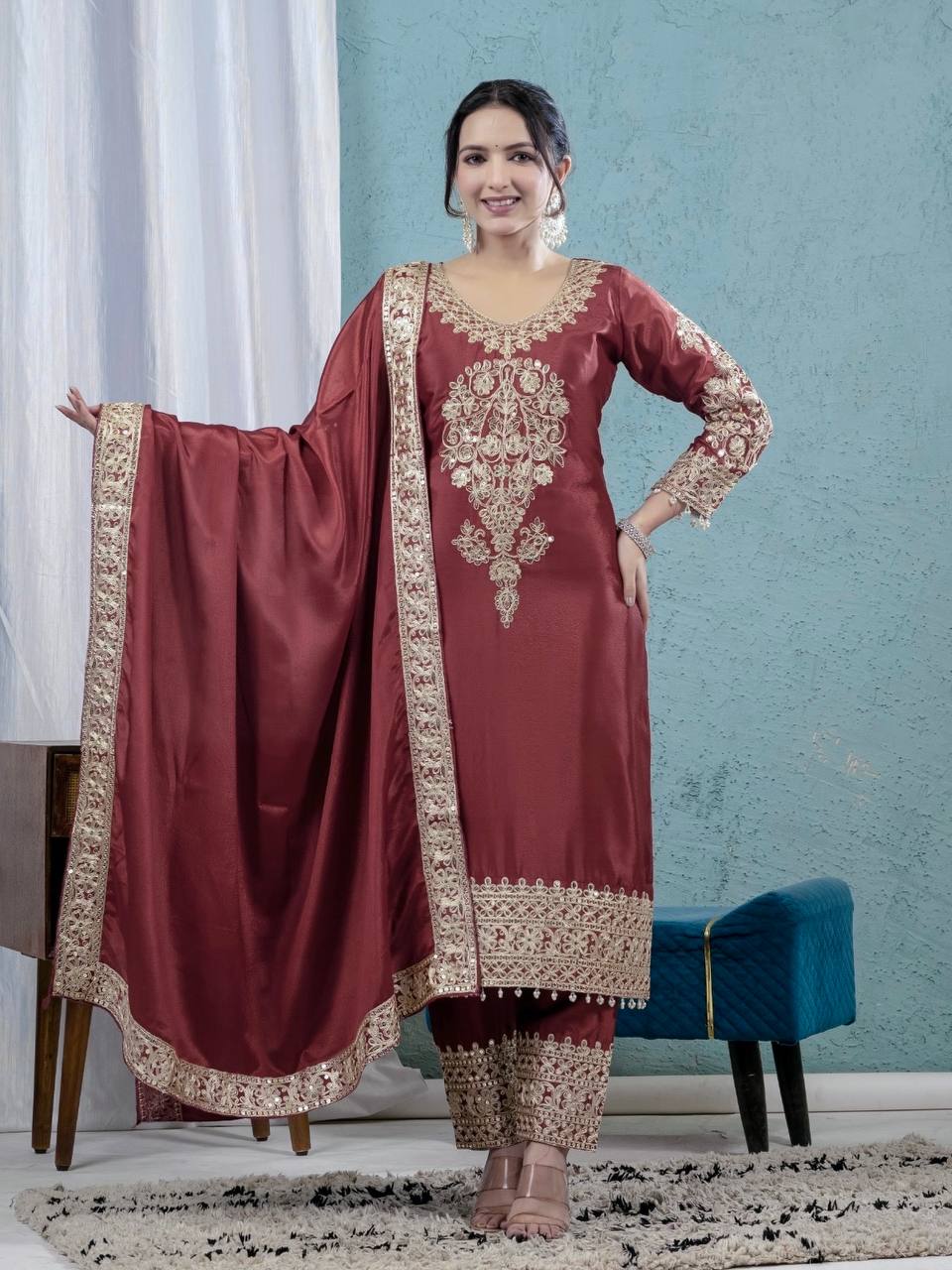 Designer Top, Pant & Dupatta in Pure Heavy Chinon Silk with Embroidery Coding Sequence Work