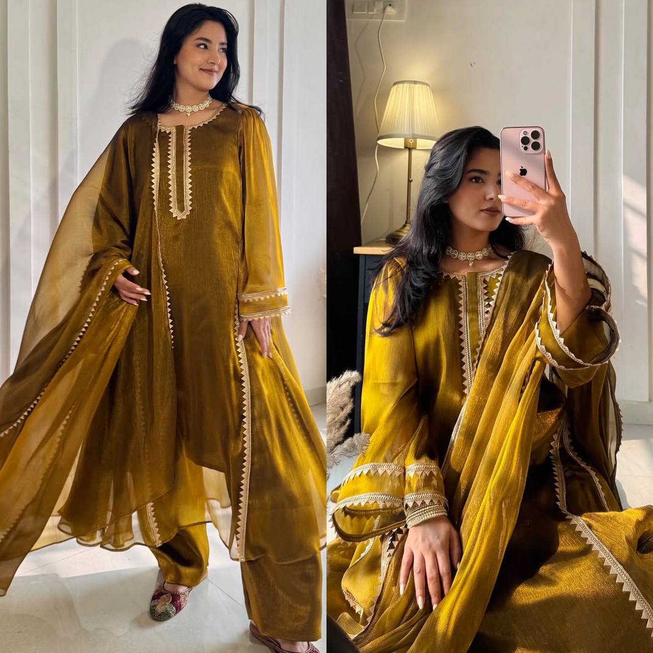 Designer Party Wear Chiffon Burberry Silk Anarkali Gown with Pant Palazzo and Dupatta | MC-2046
