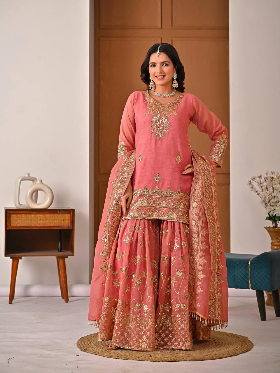 Designer Party Wear Top, Sharara Palazzo & Dupatta in Heavy Crunchy Silk with Sequence Embroidery | 5060