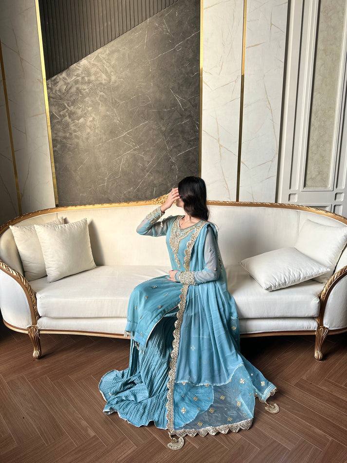 Light Blue Georgette Embroidered Salwar Kameez — Pakistani Wedding Dress