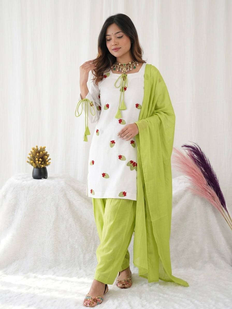 Designer Party Wear Cameric Cotton Embroidered Top with Farshi Pant and Dupatta | MC-2048