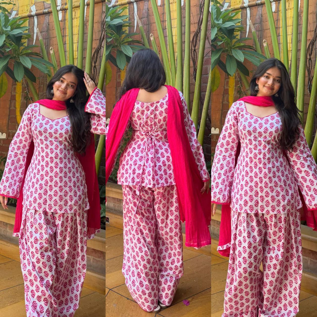 Designer Party Wear Cameric Cotton Fancy Sleeve Top with Farshi Pant and Dupatta