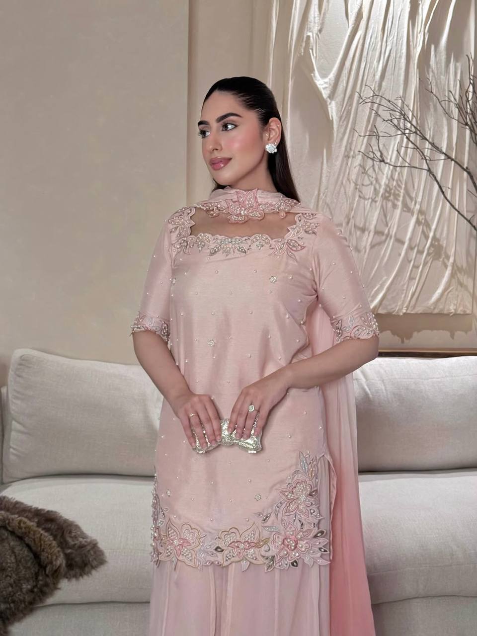 Designer Party Wear Roman Glass Silk Embroidered Top with Sharara Palazzo and Dupatta | MC-2047