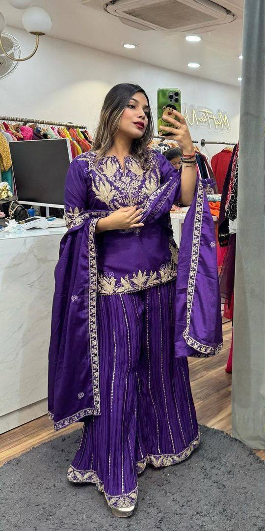 Designer Sharara Set in Pure Heavy Chinon Silk with Embroidery Coding Sequence & Full Embroidery Sleeve