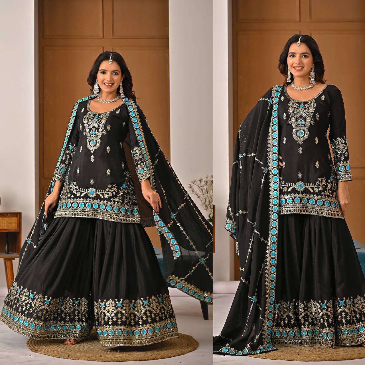 Designer Party Wear Top, Sharara Palazzo & Dupatta in Heavy NC Vichitra Silk with Sequence Embroidery