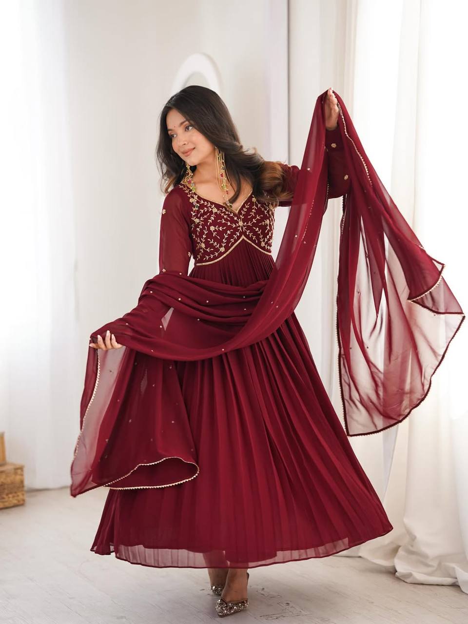 Designer Heavy Faux Georgette Bead Hand Work Gown Anarkali Suit with Pant & Dupatta