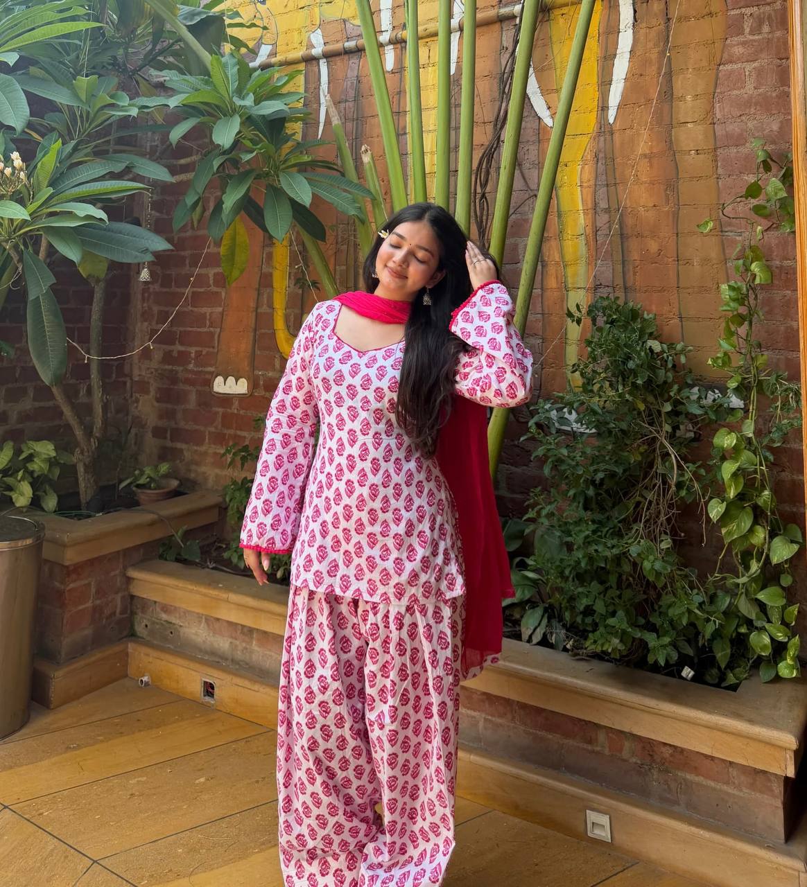 Designer Party Wear Cameric Cotton Fancy Sleeve Top with Farshi Pant and Dupatta