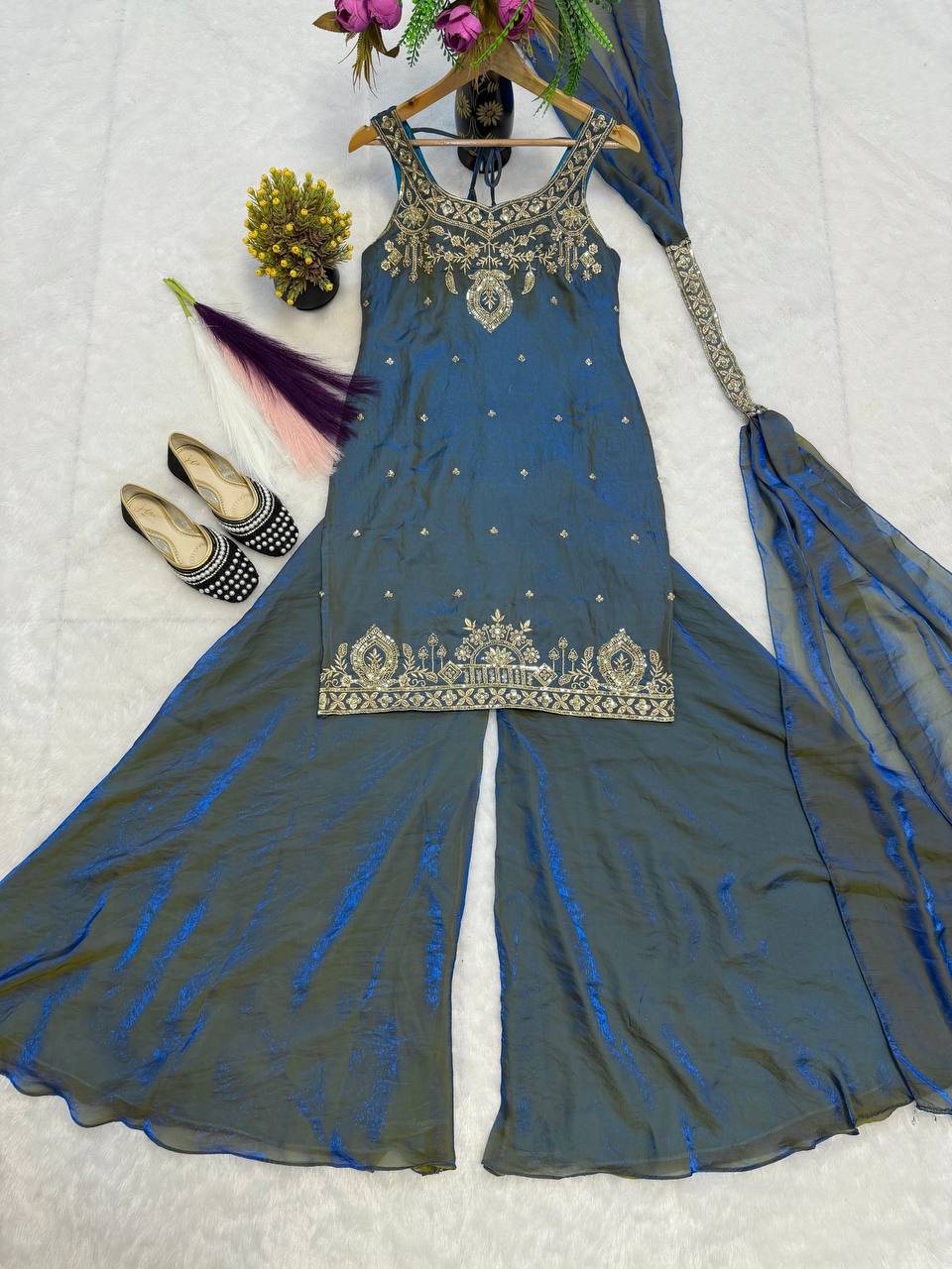 Designer Frendy Silk Bead & Sequin Embroidered Top Palazzo & Dupatta Set