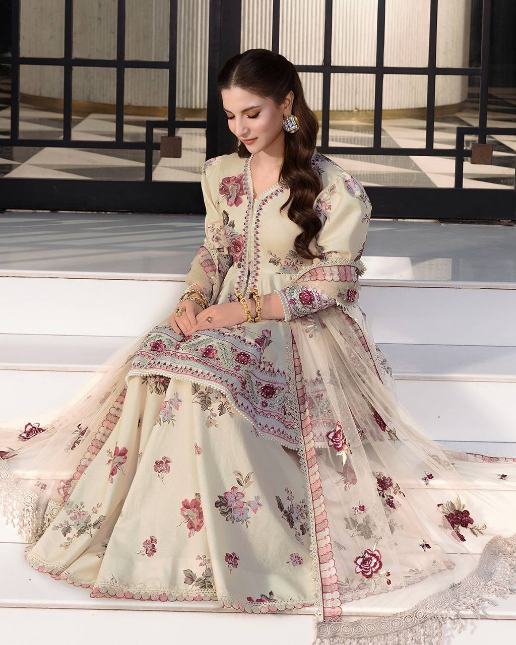 Designer Crepe Silk Peplum Top Sharara Palazzo & Embroidered Net Dupatta Set