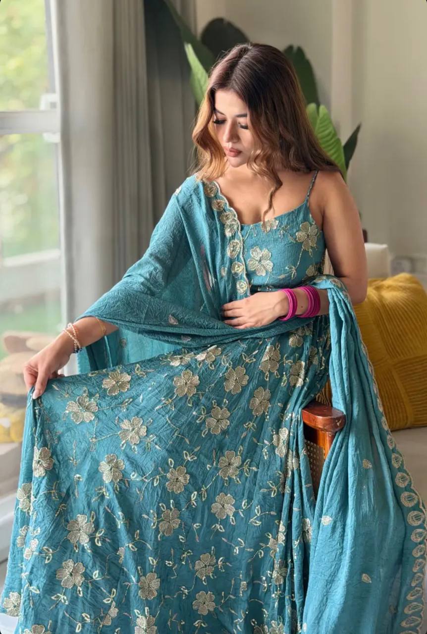 Designer Heavy Crushi Silk Sleeveless Bead Hand Work Anarkali Suit with Pant & Dupatta