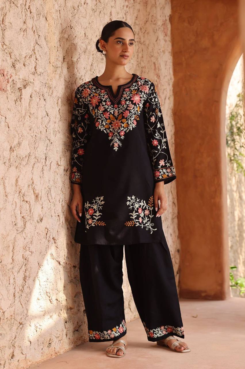 Designer Party Wear Top with Farshi Salwar & Dupatta in Heavy Roman Silk with Embroidery | ND-5058