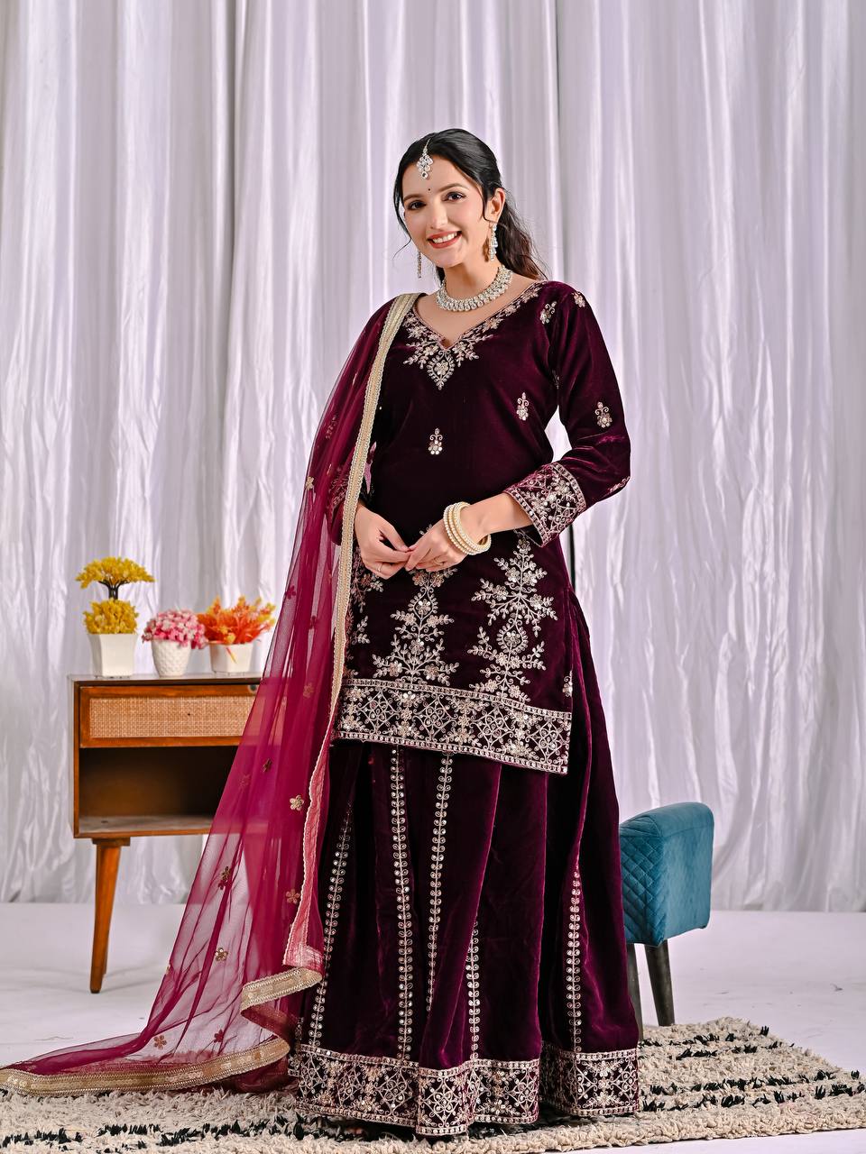 Designer Party Wear Top, Sharara Palazzo & Dupatta in Pure Heavy Viscous Velvet with Multi Needle Sequence