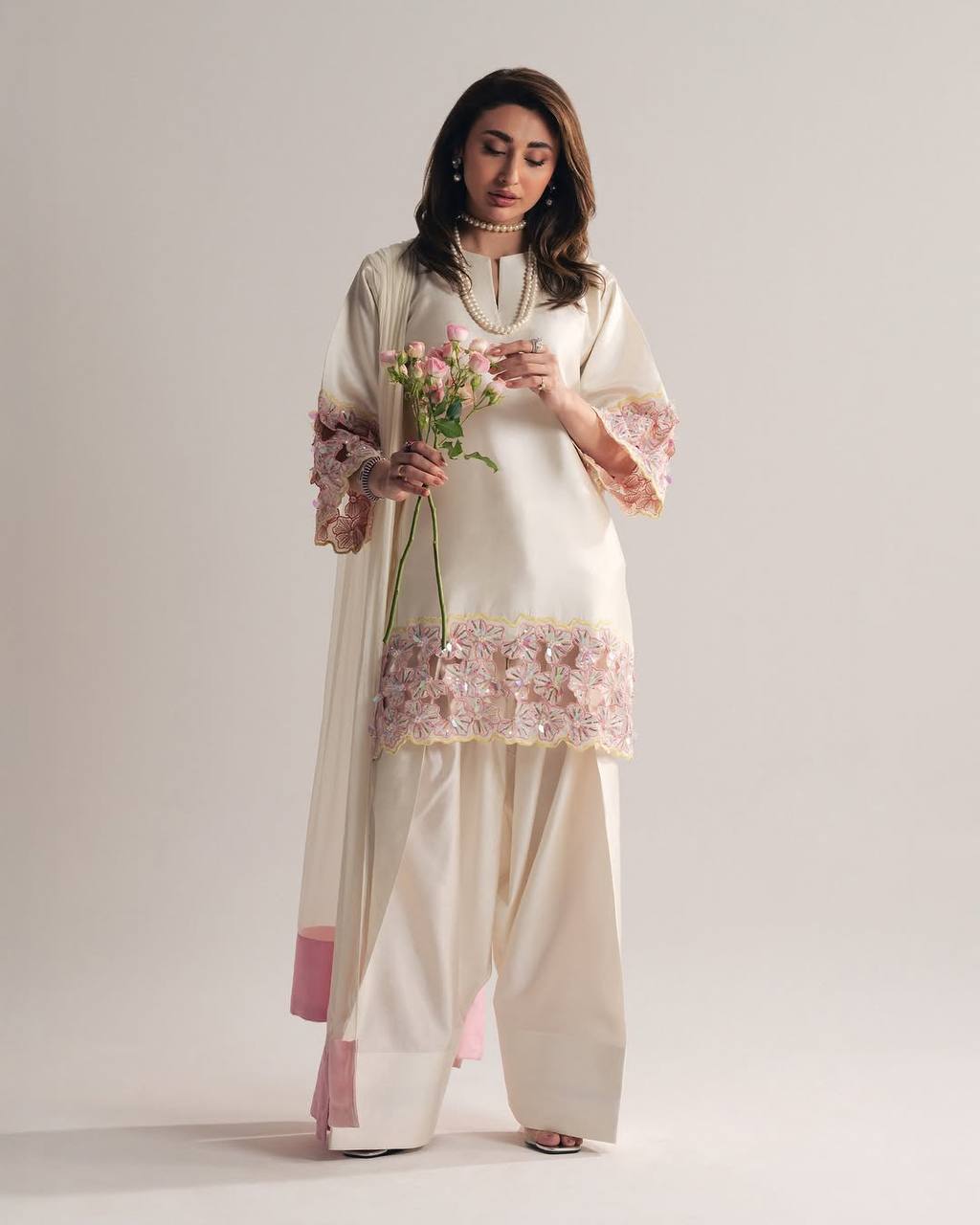Designer Natural Crepe Silk Moti & Sequin Hand Work Top Farshi Salwar & Organza Dupatta Set