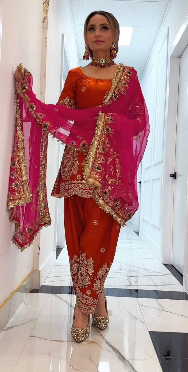 Designer Fancy Crushi Silk Thread & Sequin Embroidered Top Farshi Salwar & Faux Georgette Dupatta Set