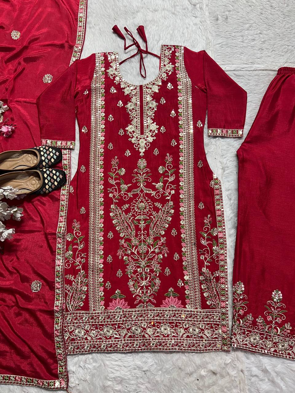Designer Sharara Palazzo Set in Pure Chinnon Silk with Embroidery Coding Sequence Work | ND-5062