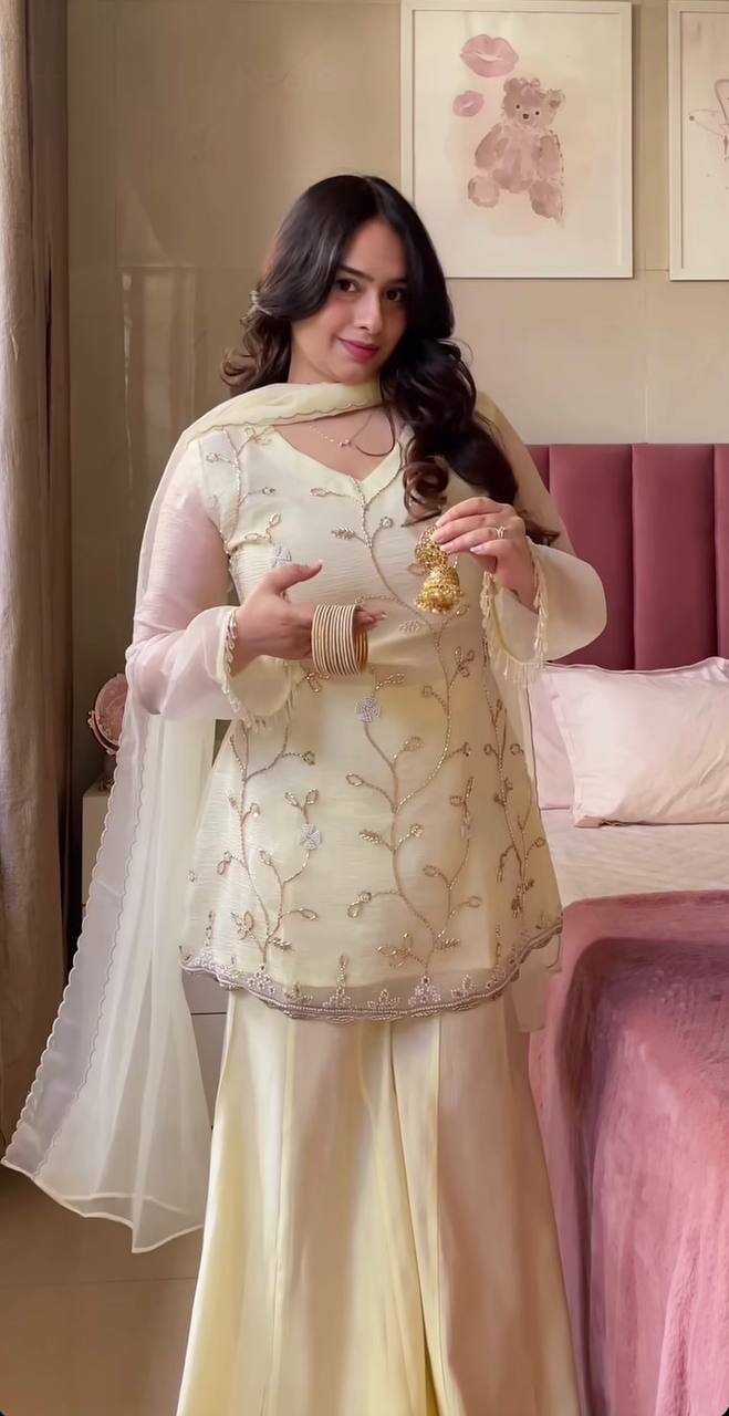 Designer Party Wear Crunchy Georgette Silk Embroidered Top with Sharara Palazzo and Dupatta