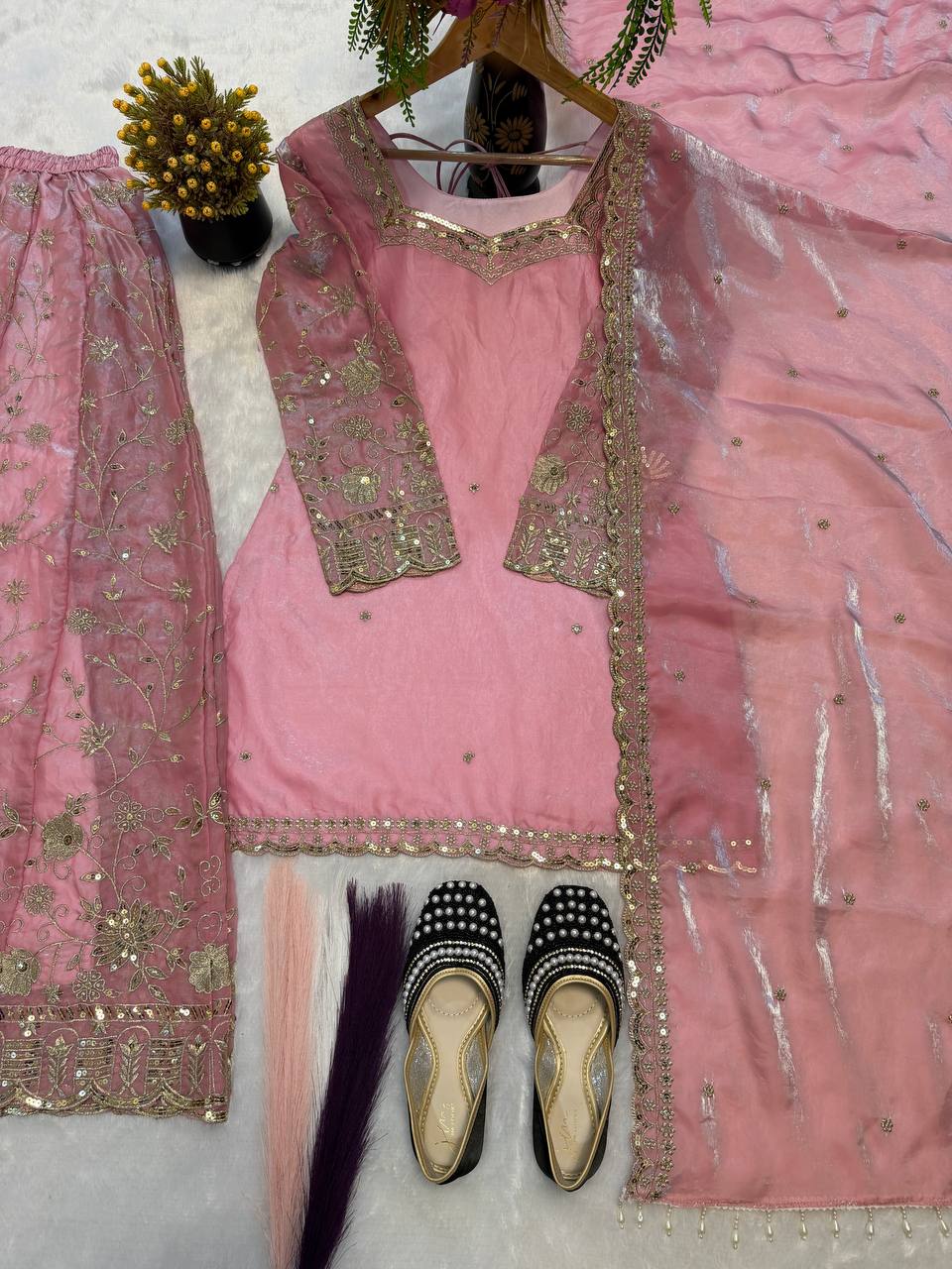 Designer Frendy Silk Sequin & Zari Embroidered Kali Cut Top Palazzo & Dupatta Set