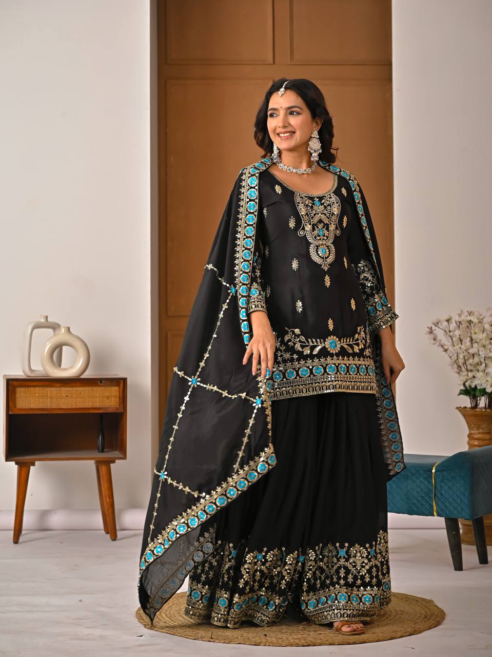 Designer Party Wear Top, Sharara Palazzo & Dupatta in Heavy NC Vichitra Silk with Sequence Embroidery