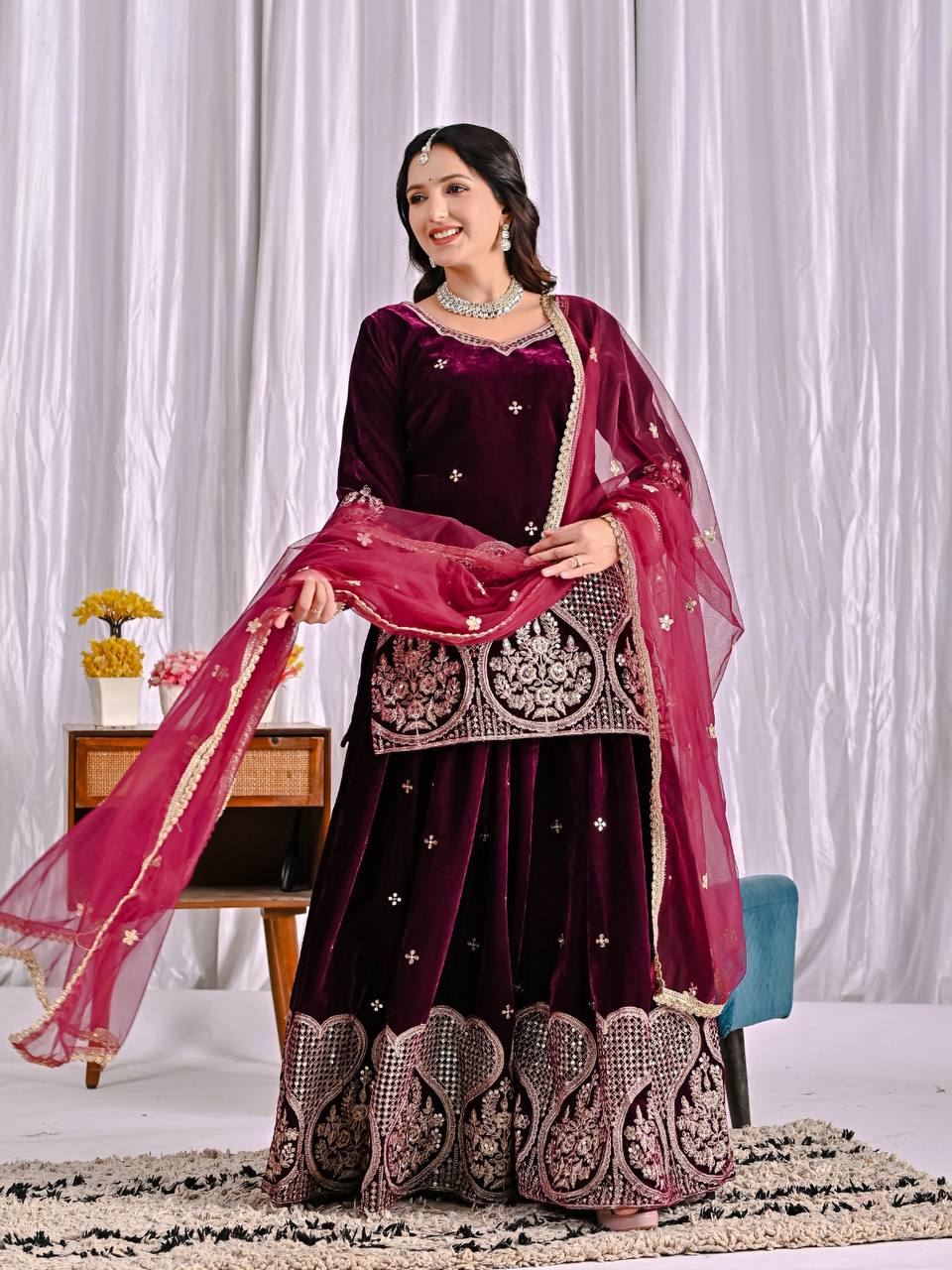 Designer Party Wear Top, Sharara Palazzo & Dupatta in Pure Heavy Viscous Velvet with Multi Needle Sequence