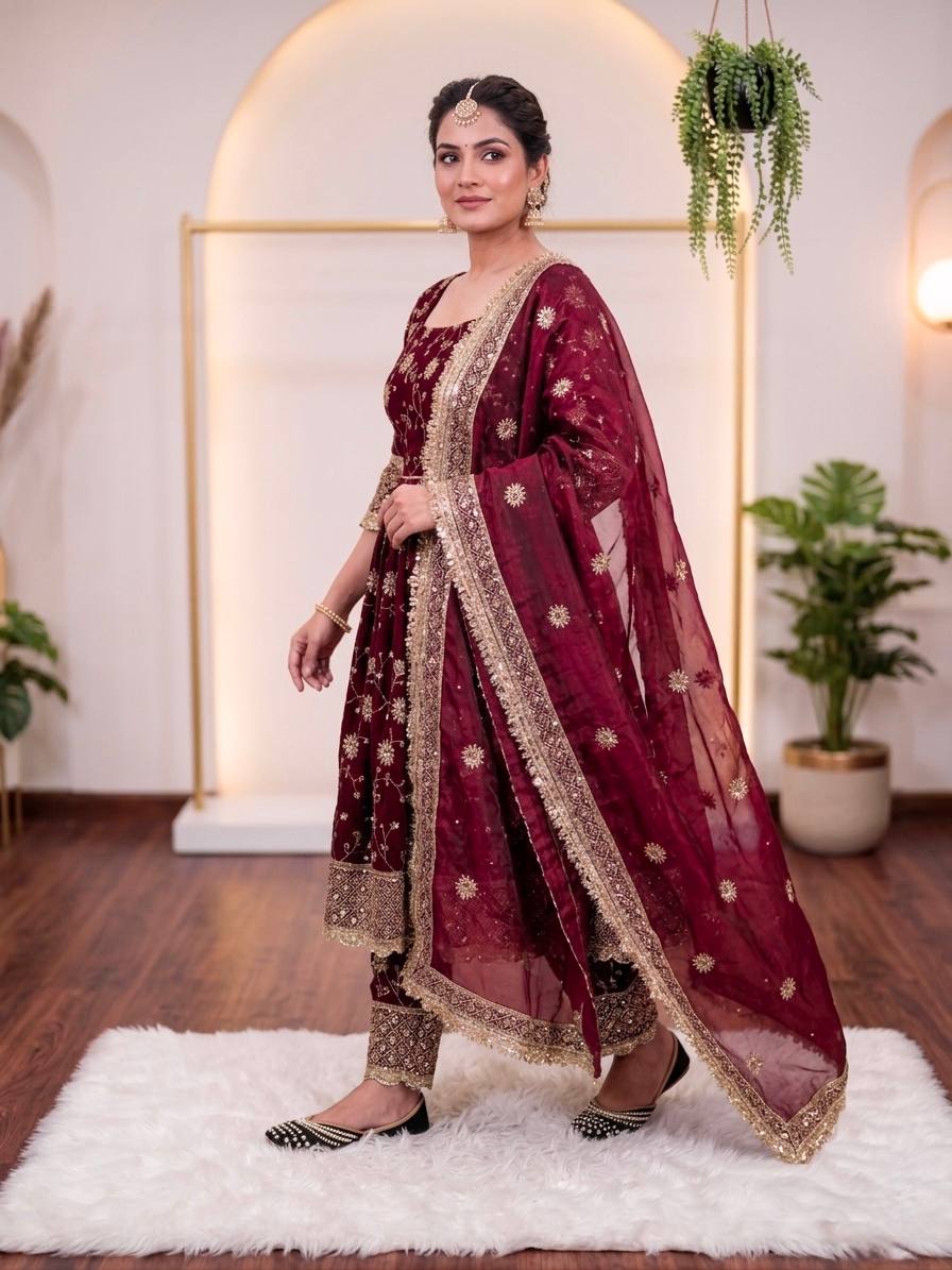 Designer Heavy Fancy Silk 3mm & 5mm Sequin Embroidered Gown Top Pant & Dupatta Set