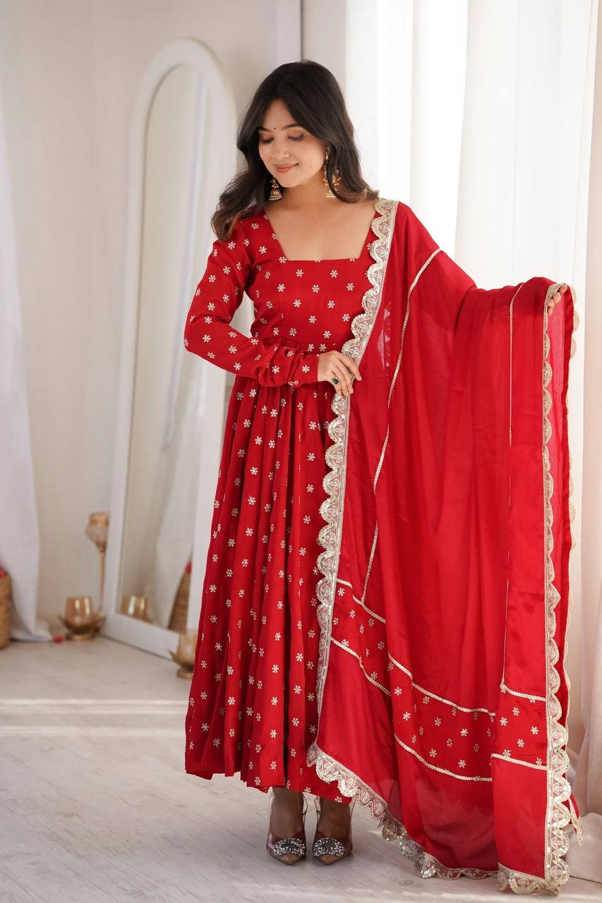Designer Chinon Silk Anarkali Gown with Pant and Dupatta