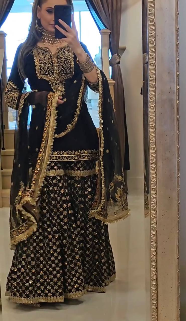 Faux Georgette Sequin Embroidered Sharara Dupatta Set — Festive Wear
