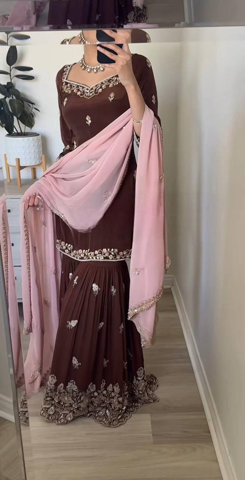 Ash Brown Georgette Sequin Embroidered Sharara Suit — Party Wear