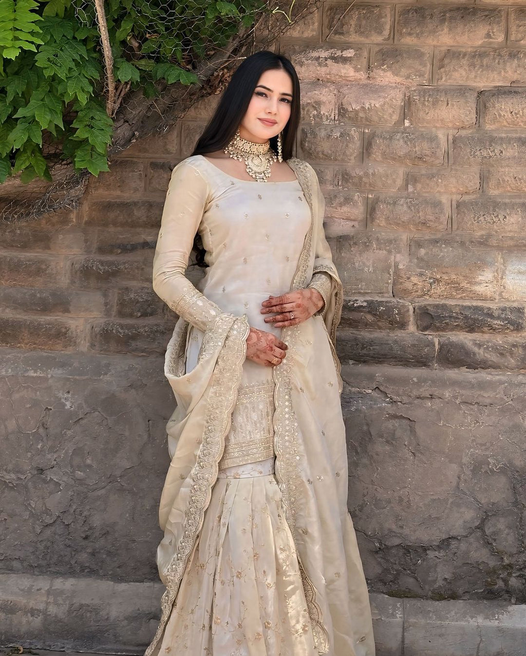 Beige Chinon Silk Embroidered Sharara Set - Designer Evening Party Wear - side view | Zahra London