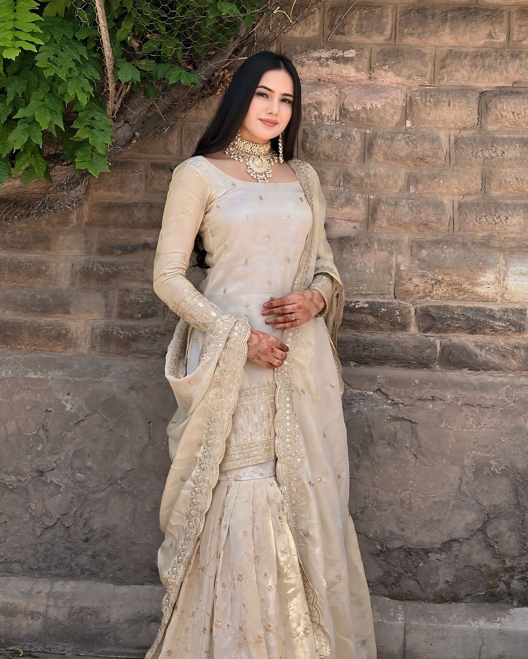 Beige Chinon Silk Embroidered Sharara Set — Designer Evening Party Wear