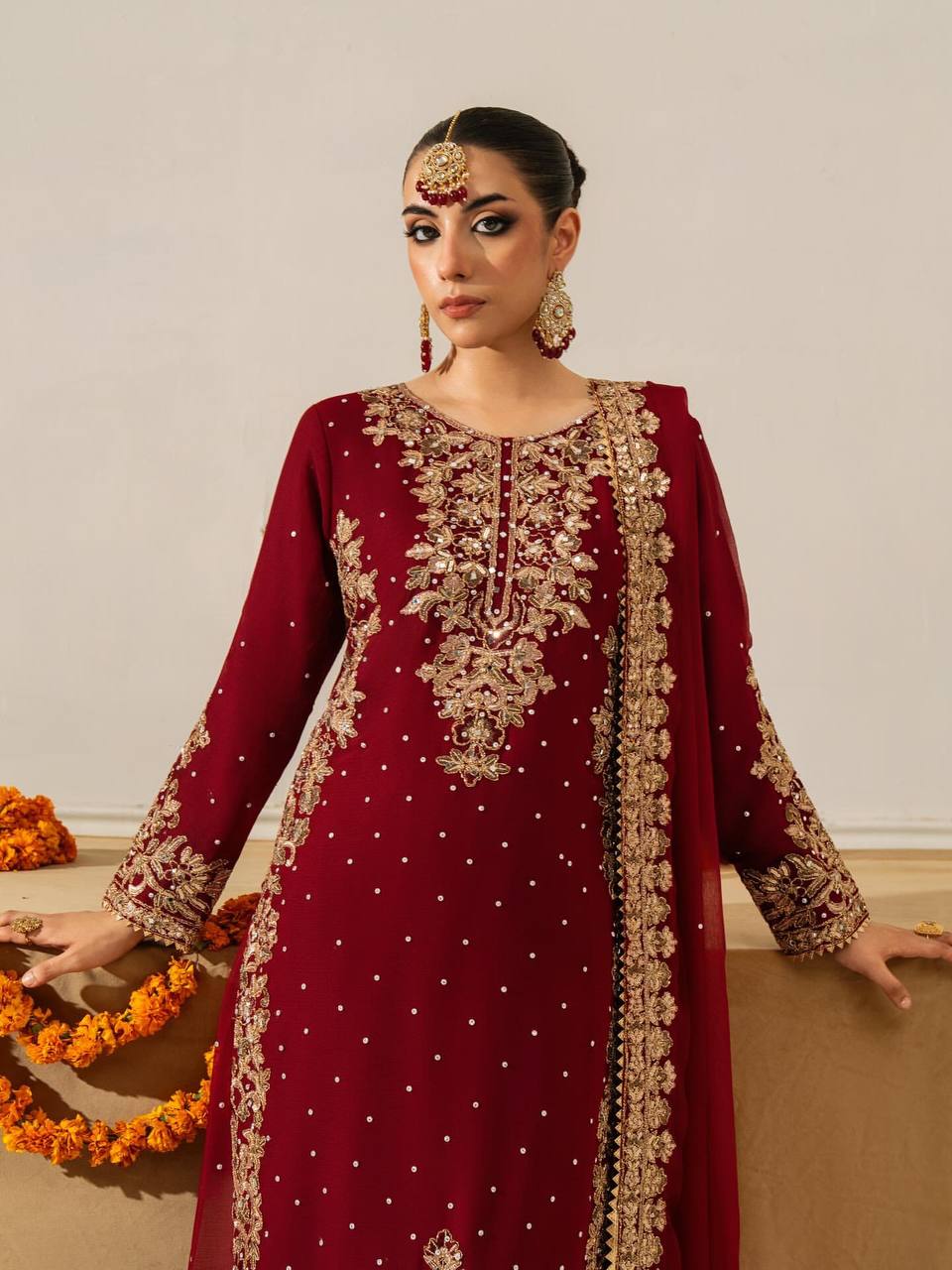 Maroon Georgette Coding Sequence Salwar Suit with Moti Work