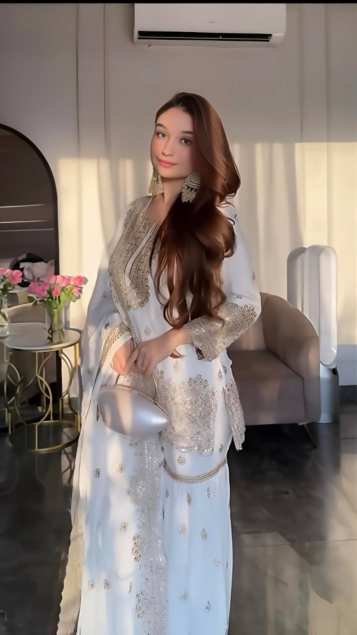 White & Gold Chinon Silk Sharara Palazzo Dupatta Set — Festive Wear