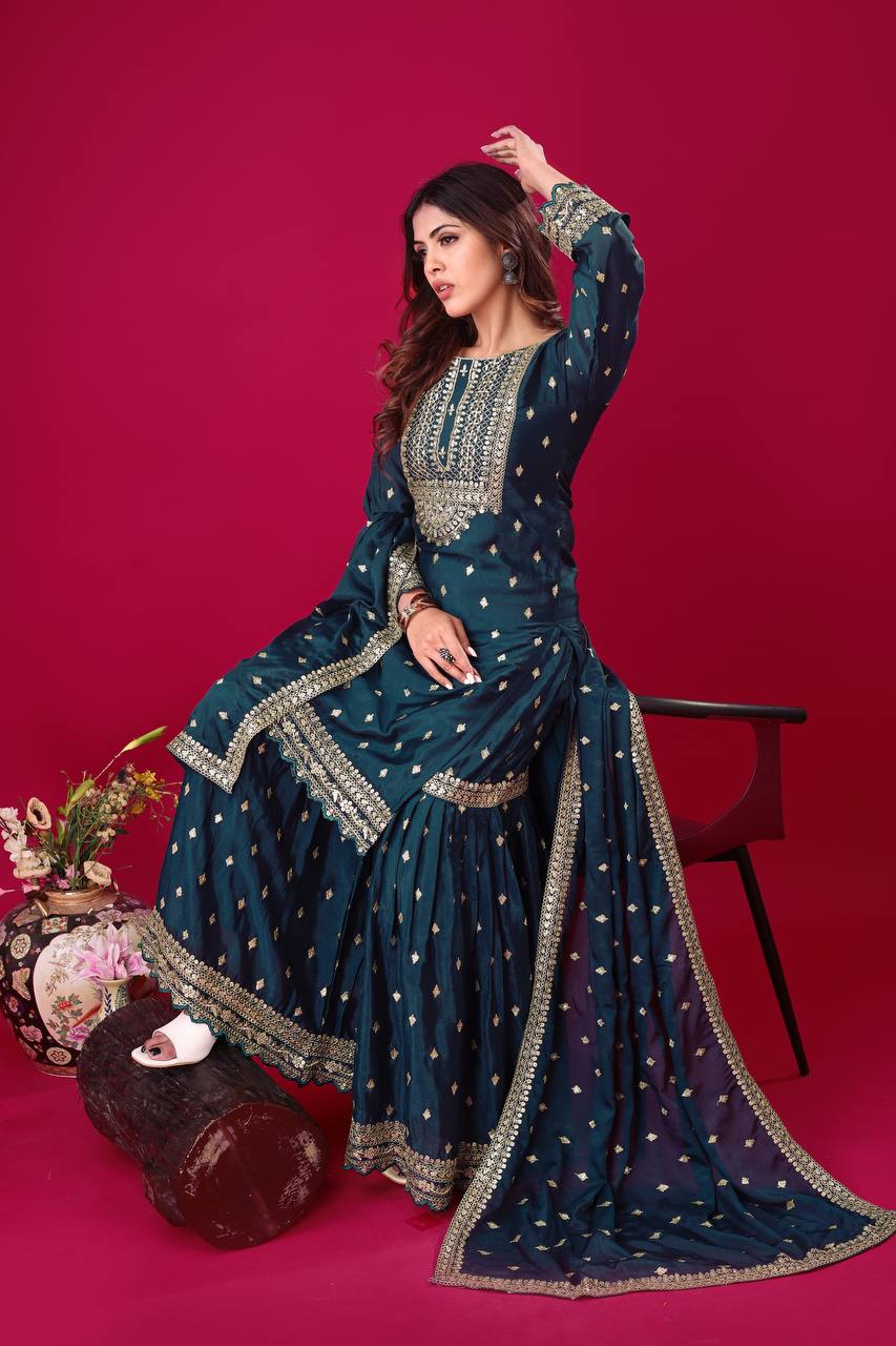 Peacock Blue Chinon Silk Gharara Suit with Zari & Sequin Work