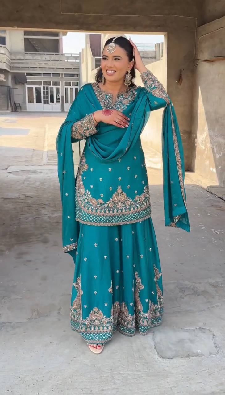 Chinon Silk Sequin Embroidered Sharara Suit with Dupatta