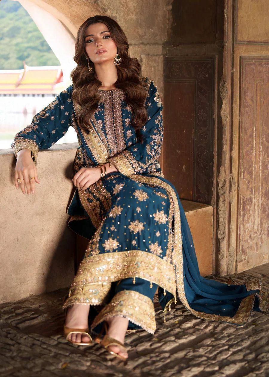 Blue Silk Embroidered Salwar Kameez — Pakistani Wedding & Eid Party Dress