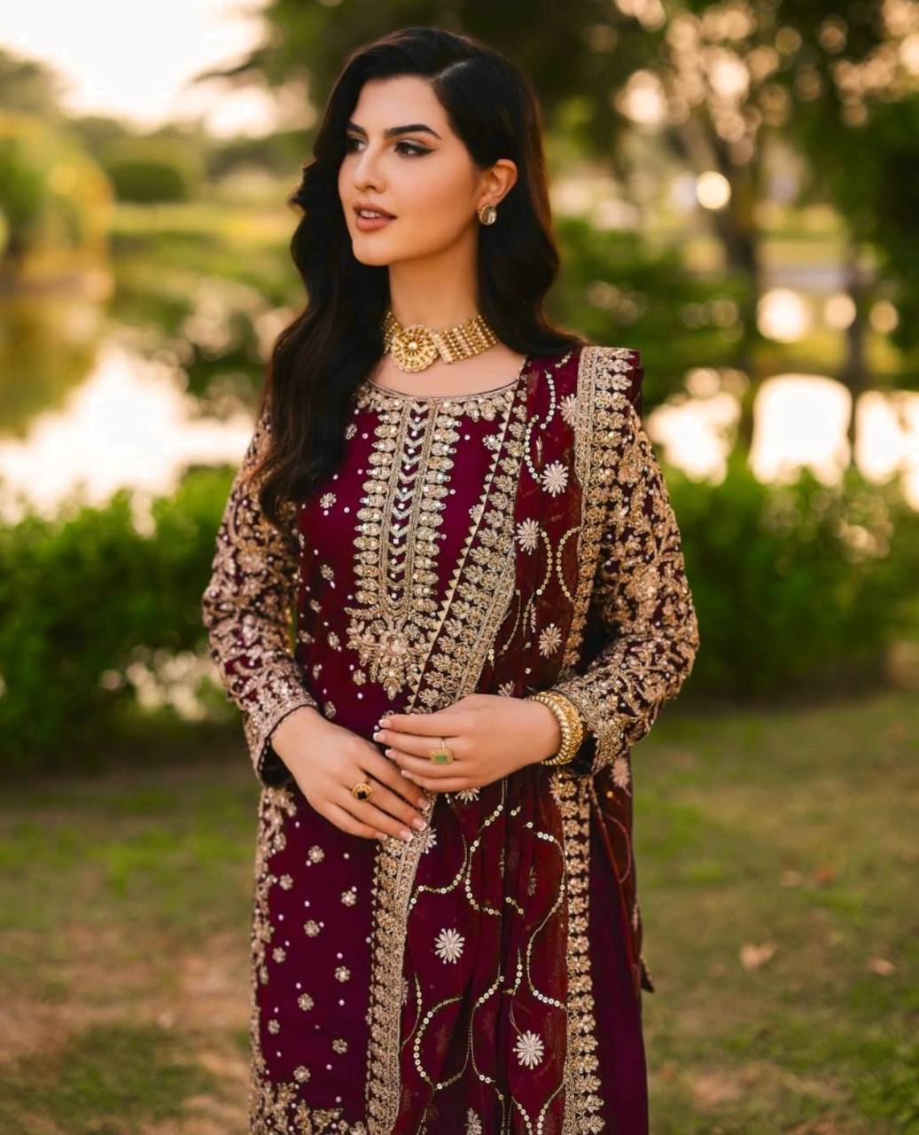 Maroon Faux Georgette Embroidery Salwar Suit